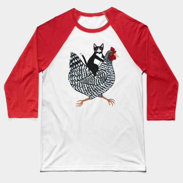 Tuxedo Cat on a Chicken Baseball T-Shirt by KilkennyCat Art